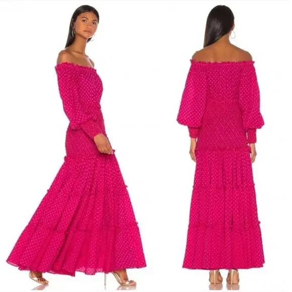 Alexis Thalssa Off The Shoulder Shirred Fuschia Dot Maxi Dress Small Preowned